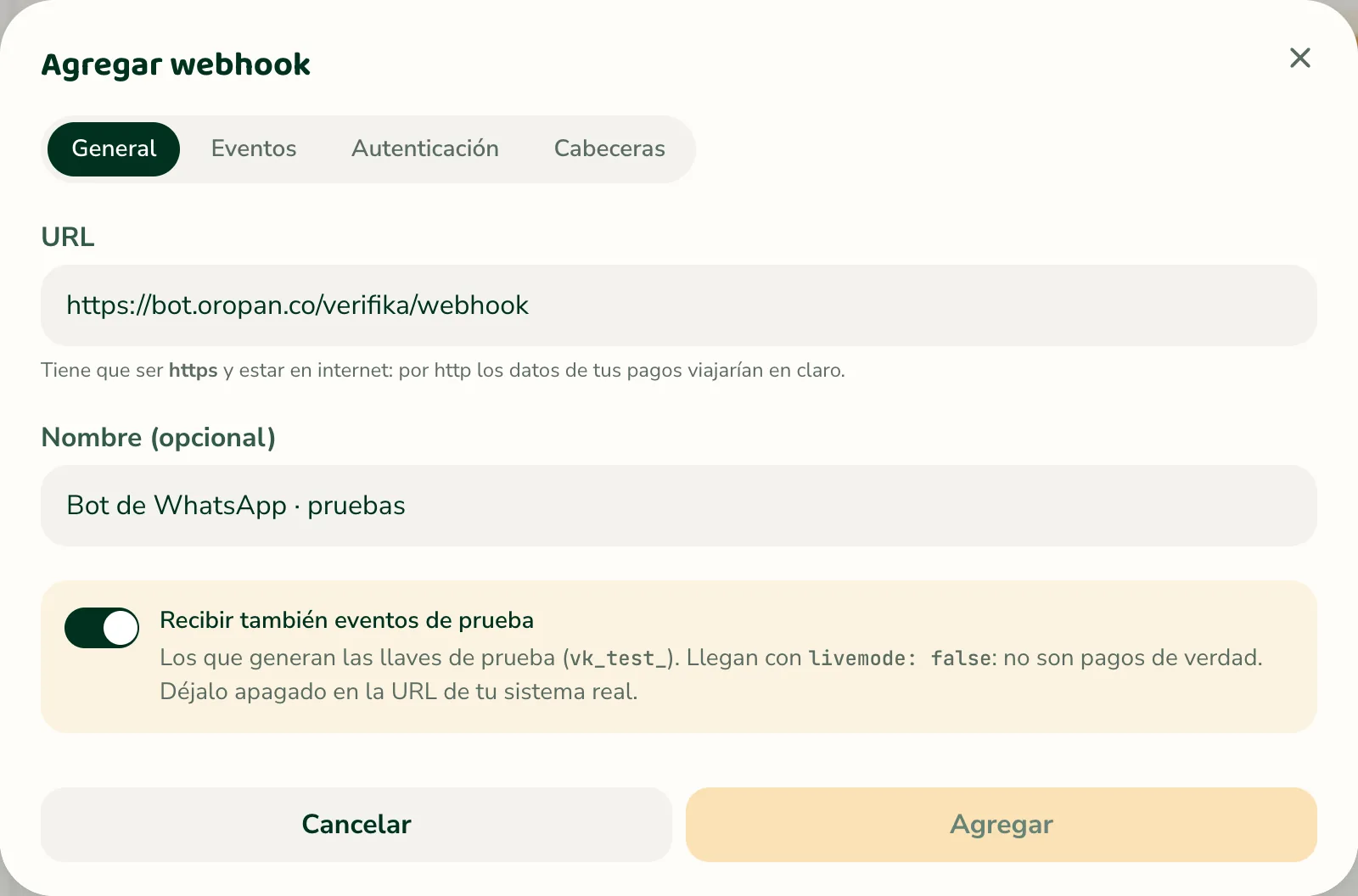 Agregar webhook, pestaña General, con la URL del bot y «Recibir también eventos de prueba» encendido