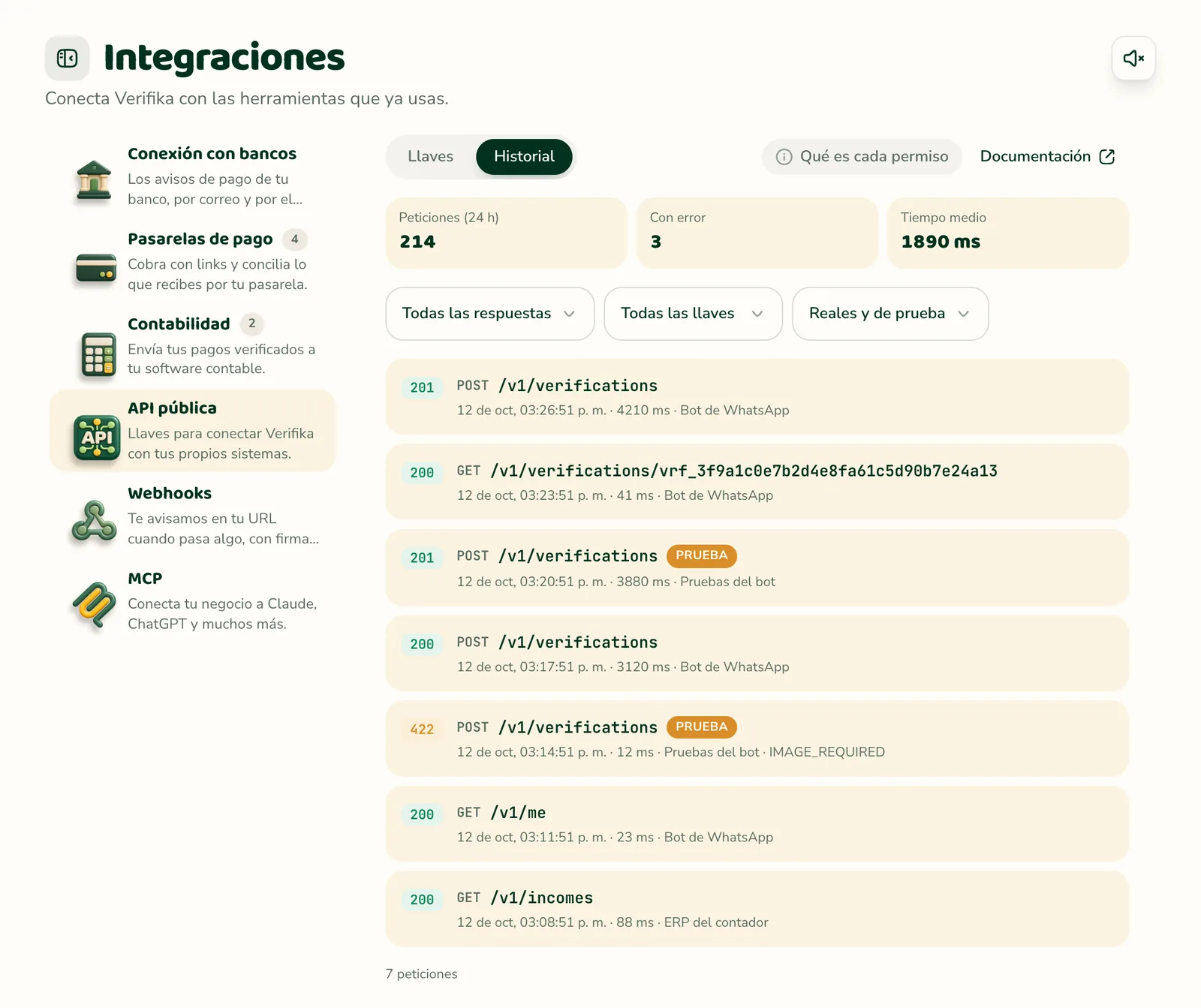 Historial de peticiones de la API, con las de la llave de prueba marcadas