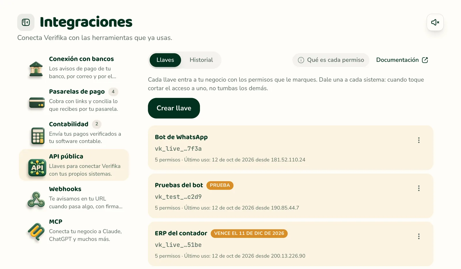 Integraciones → API pública: la lista de llaves del negocio, con una de prueba