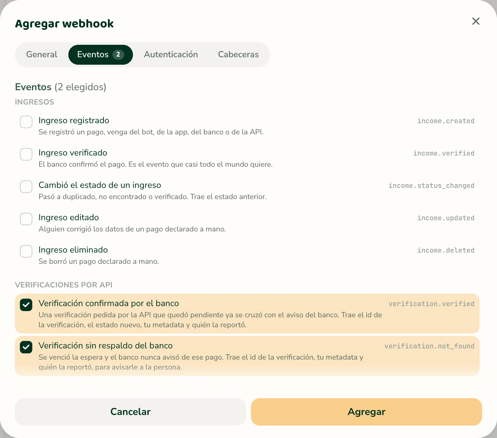 Agregar webhook, pestaña Eventos, con verification.verified y verification.not_found marcados